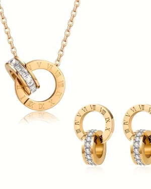 Trendy Double Rings Roman Numeral Pendant Necklace & Earrings Set