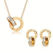 Trendy Double Rings Roman Numeral Pendant Necklace & Earrings Set