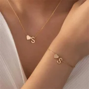 Stylish Two-Piece Set – Metal Heart & English Letter Necklace and Bracelet