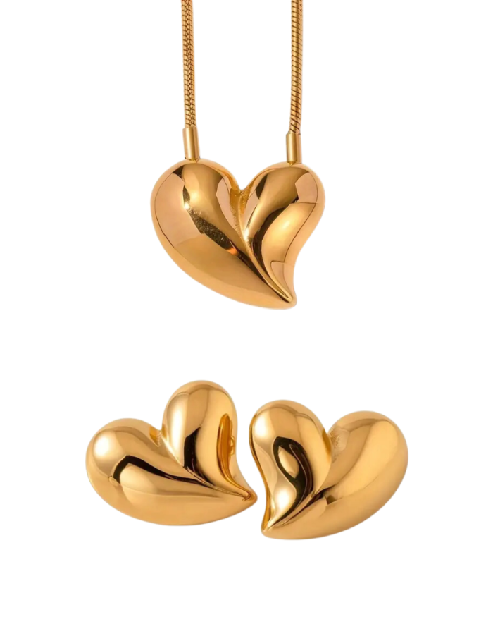 Gold Plated Stainless Steel Heart Necklace and Earrings Set