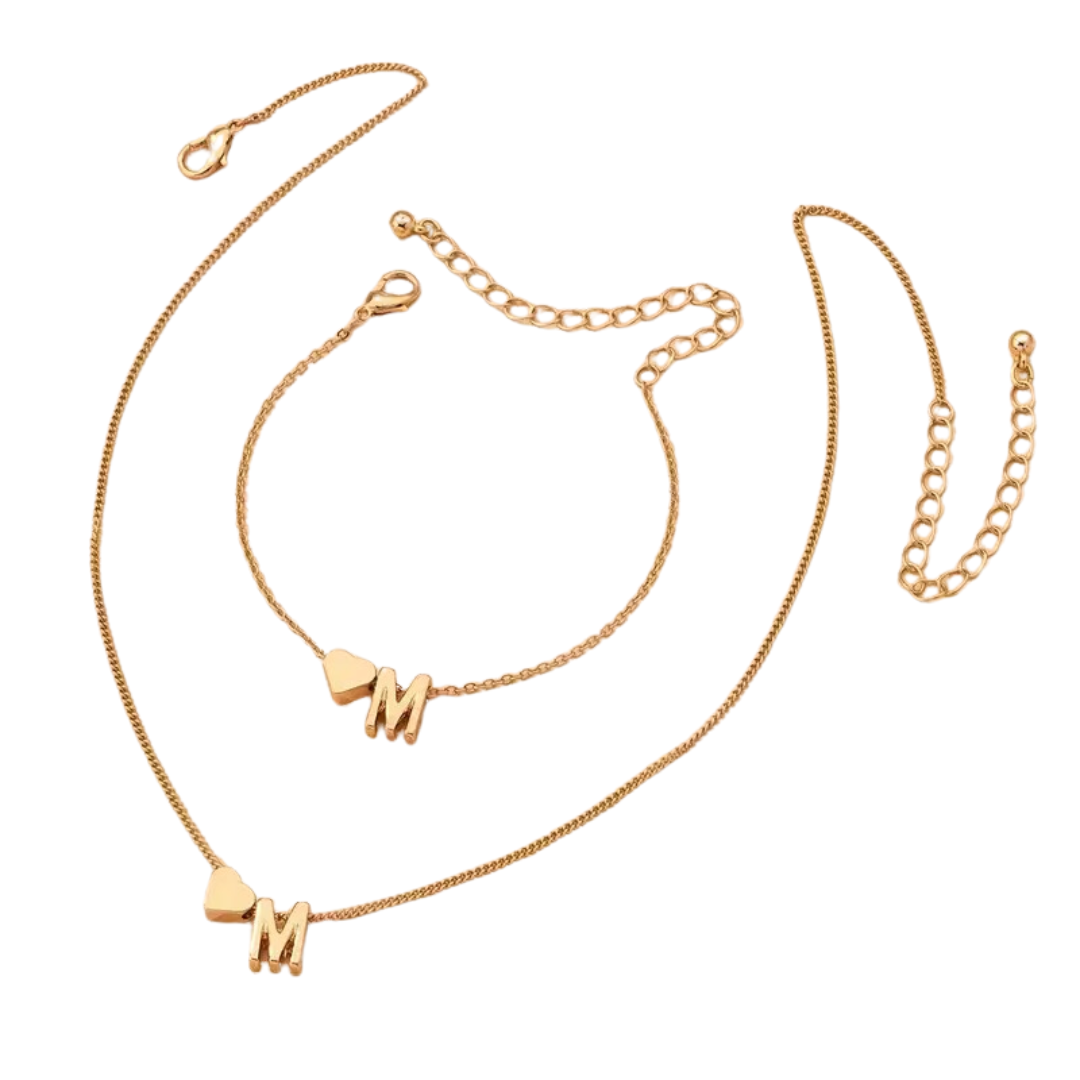 Stylish Two-Piece Set – Metal Heart & English Letter Necklace and Bracelet